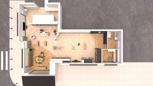 Vue de haut en 3D de l'agencement d'une pharmacie moderne avec des rayonnages bien répartis et des zones distinctes.