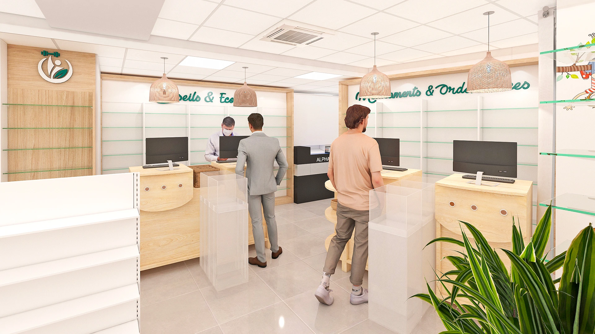 Comptoirs de conseil et espace orthopédie 3D de la Pharmacie de la Gare Rive Droite – design lumineux et accueil personnalisé