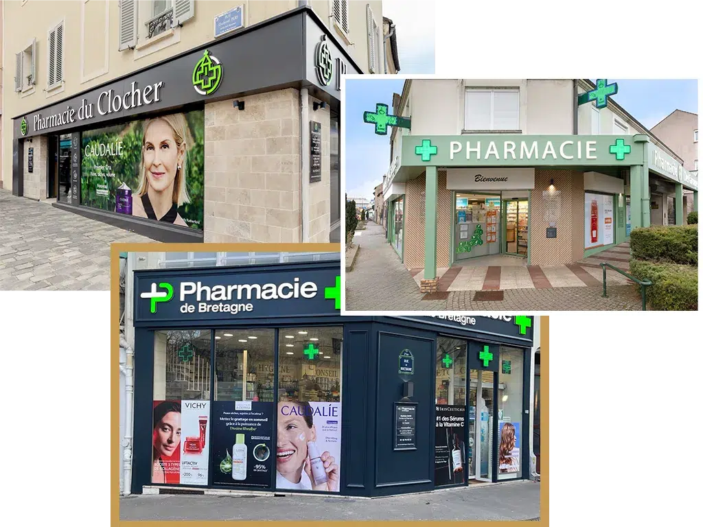 Vue d'ensemble de la Pharmacie du Cinéma, montrant l'enseigne lumineuse et la façade rénovée.
