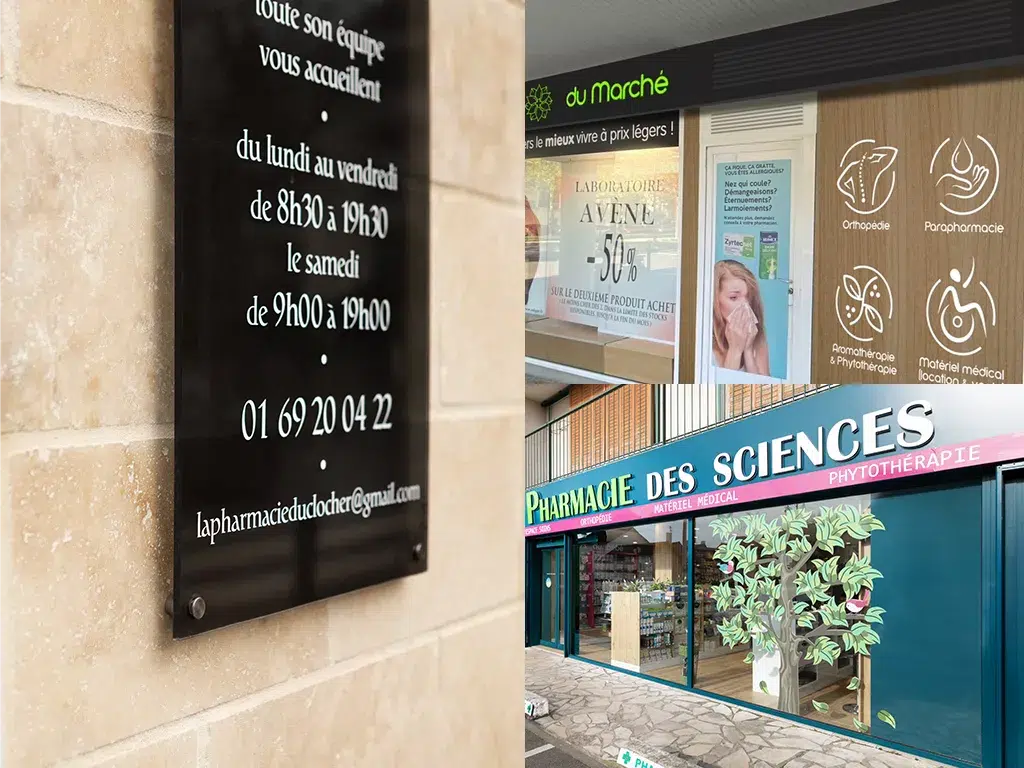 Détail de la vitrophanie Santalis 'Vivre bien, vivre mieux' – signalétique santé sur façade en pierre de la Pharmacie de la Gare Rive Droite